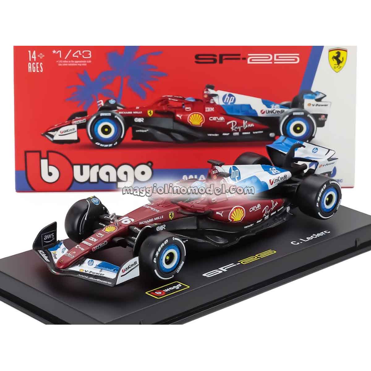 FERRARI F1 SF-25 N.16 Miami GP 2025 Charlse Leclerc 1.43 - BURAGO cod.36852-L-MIAMI