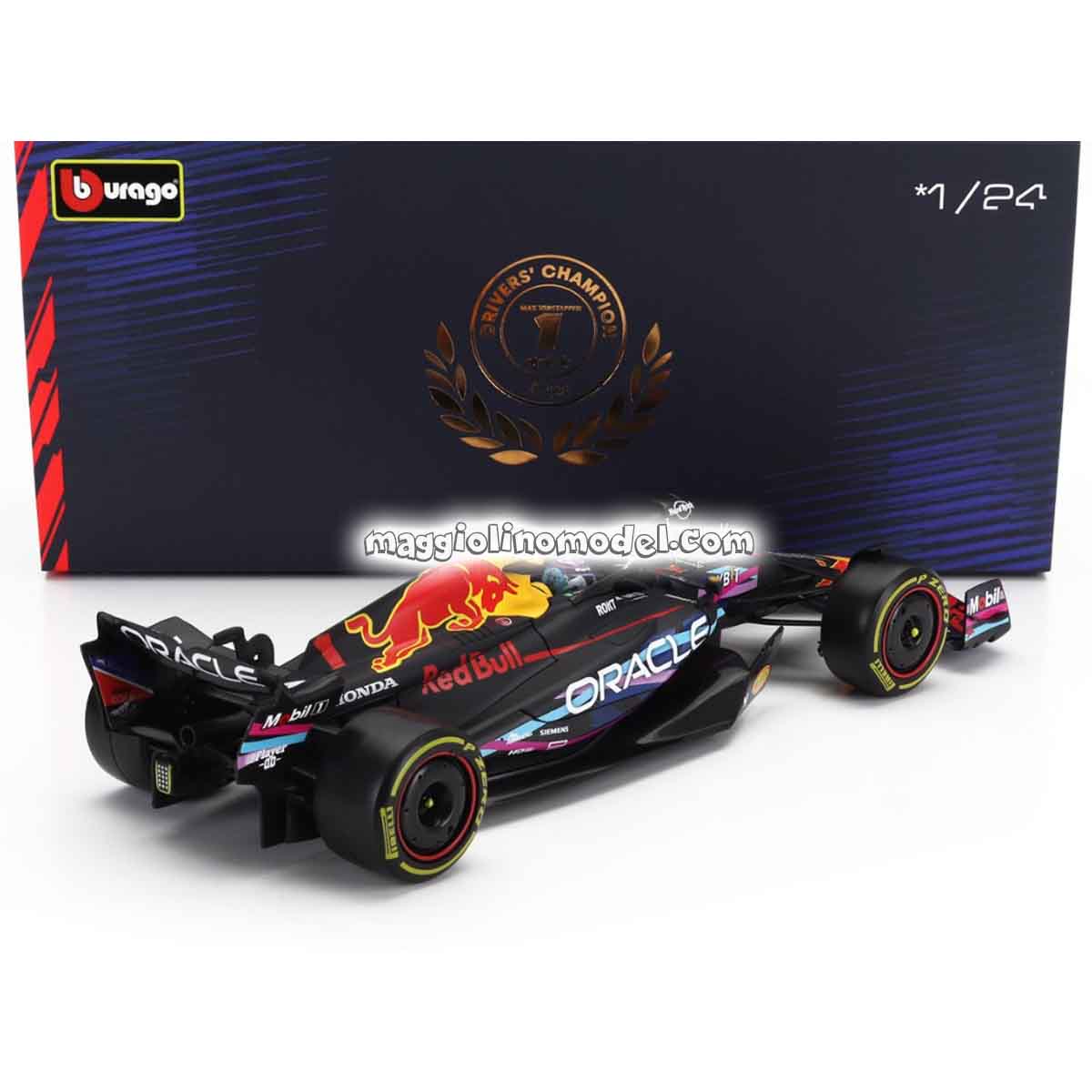 RED BULL F1 RB19 N.1 World Champion Winner Miami GP 2023 M.Verstappen 1.24 with Pilot and Showcase - BURAGO cod.BU28030-V-MIAMI 2