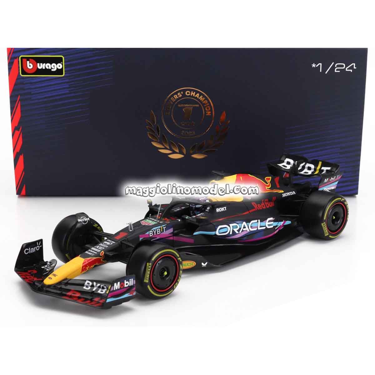 RED BULL F1 RB19 N.1 World Champion Winner Miami GP 2023 M.Verstappen 1.24 with Pilot and Showcase - BURAGO cod.BU28030-V-MIAMI